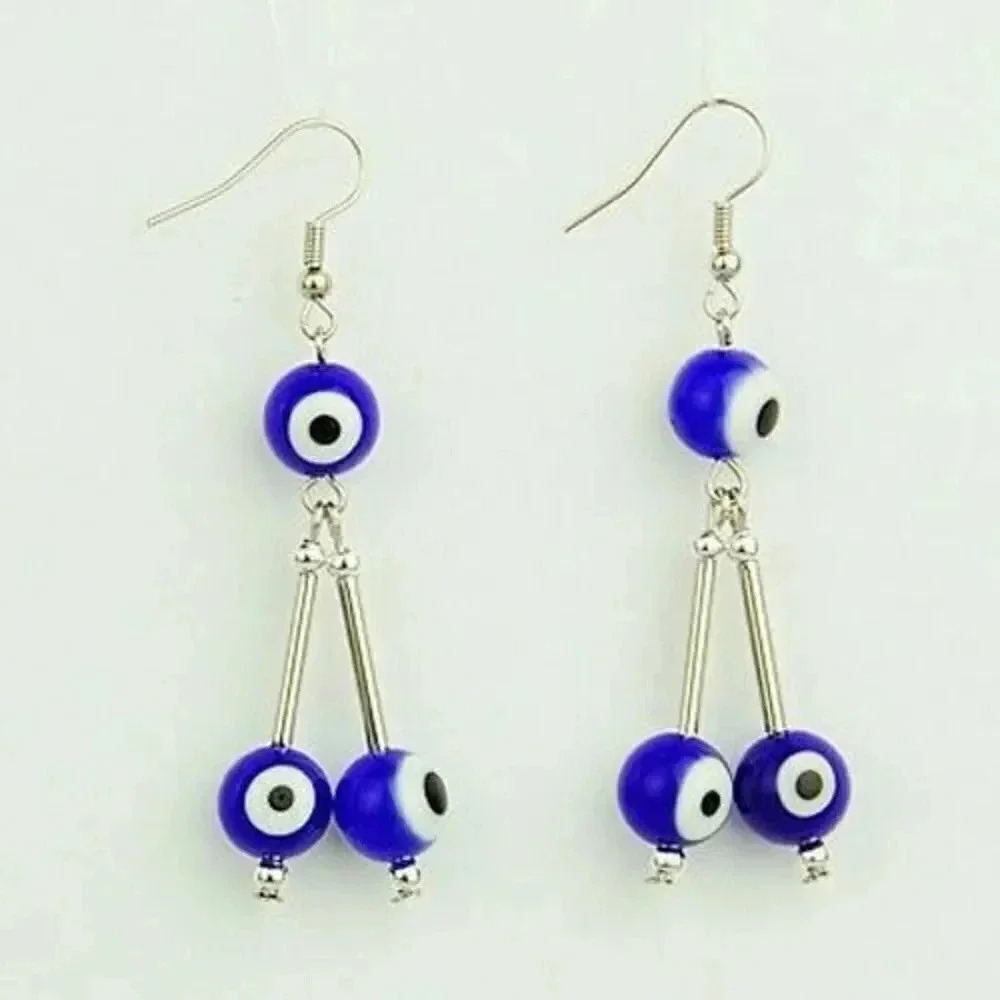 Evil Eye Lampwork Glass Beads Dangle Earrings Cobalt Blue Black White Silver